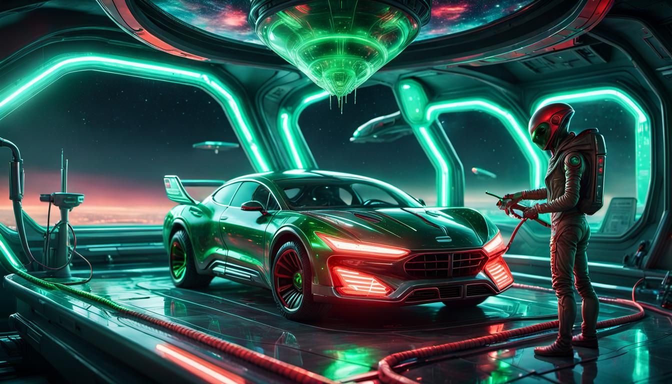 Alien Cleans Spaceship Windshield in Steampunk Gas Station