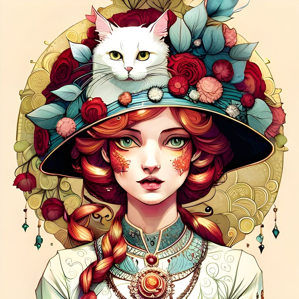 Fluffy Cat in Hat: Detailed Digital Art