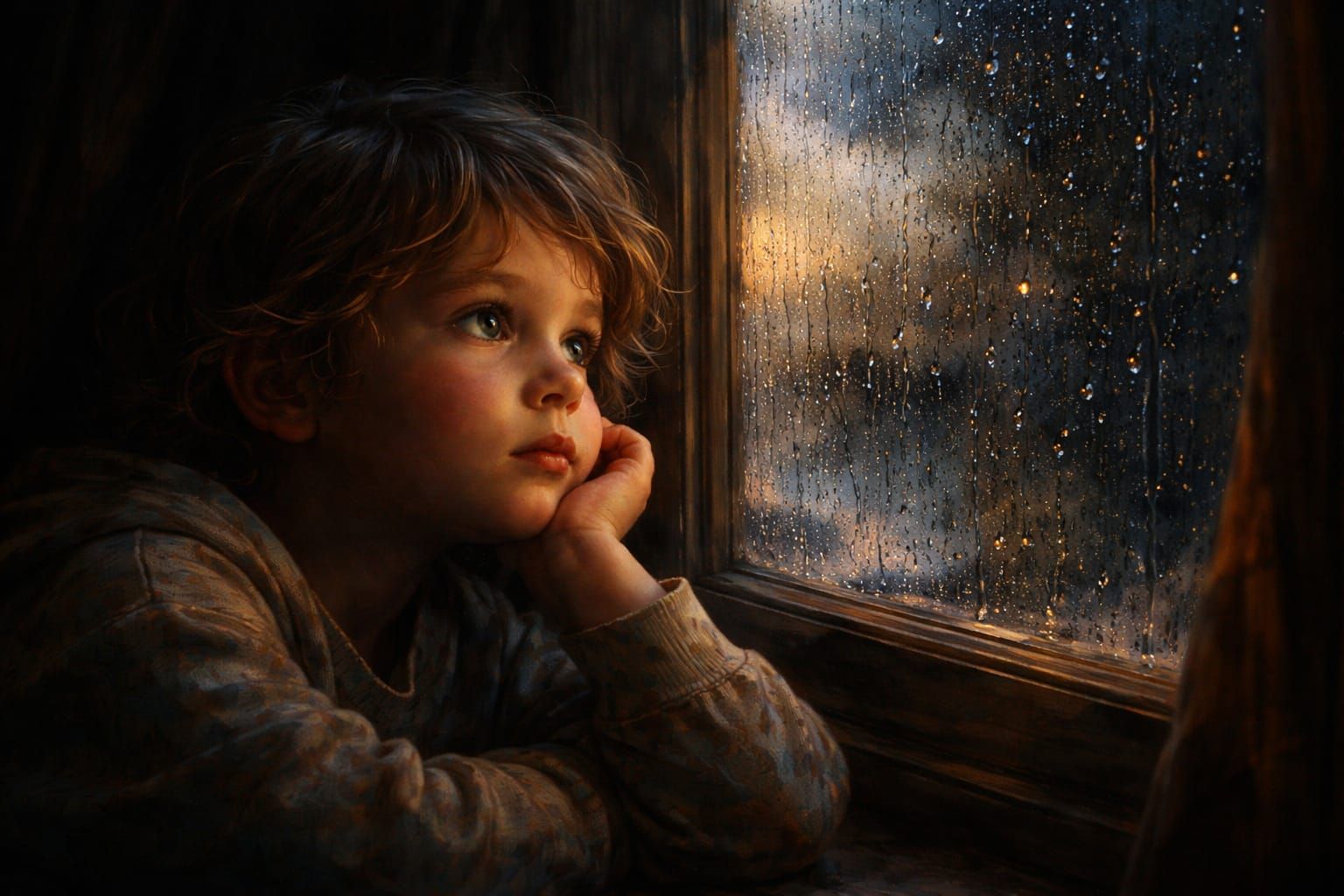 Child's Romantic Longing in Dramatic Oil Painting Style