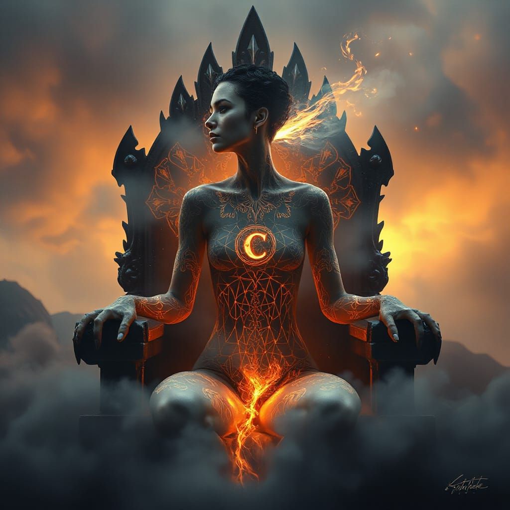 Ethereal Woman on Throne with Glowing Skin in Misty Landscap...