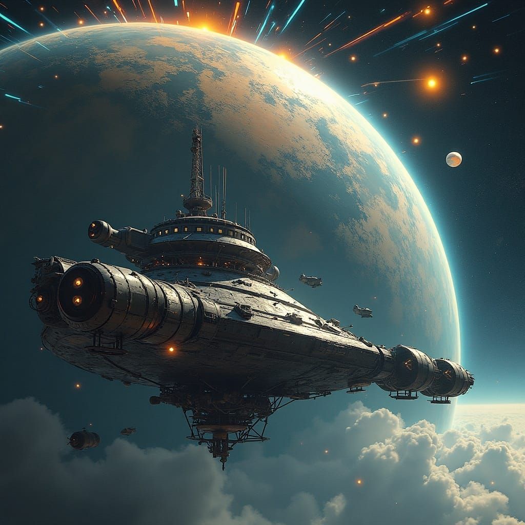 Massive Space Station with Star Erupting Energy Arcs