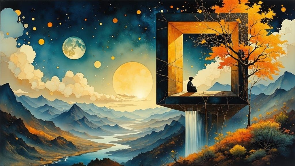 Surreal Autumn Landscape Framed by Floating Cube
