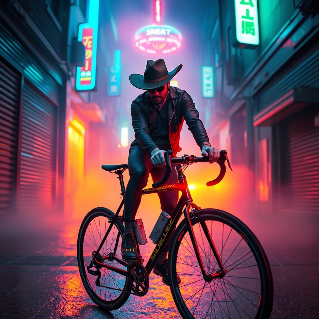 Cyberpunk Fixie Cyclist in Neon Alleyway