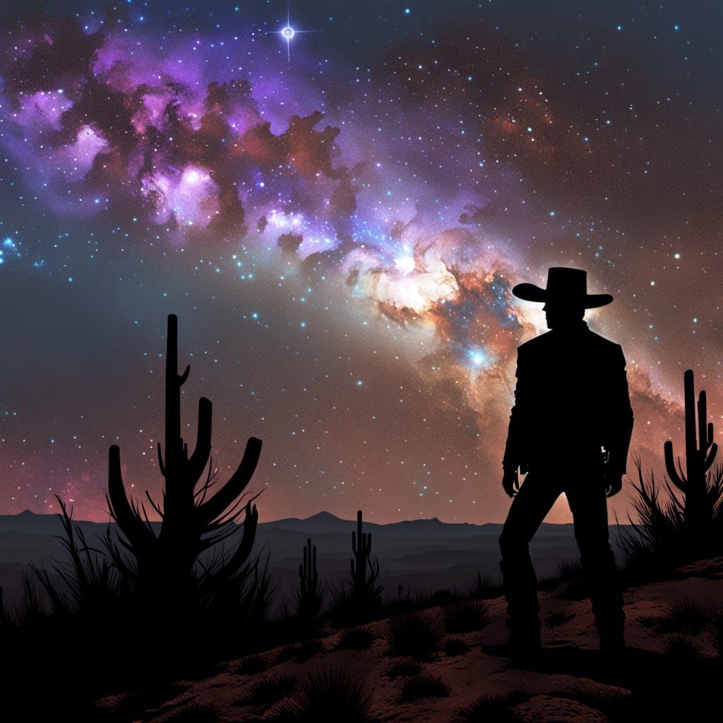 Lone Cowboy in Star-Dusted Cosmos, Sci-Fi Digital Painting