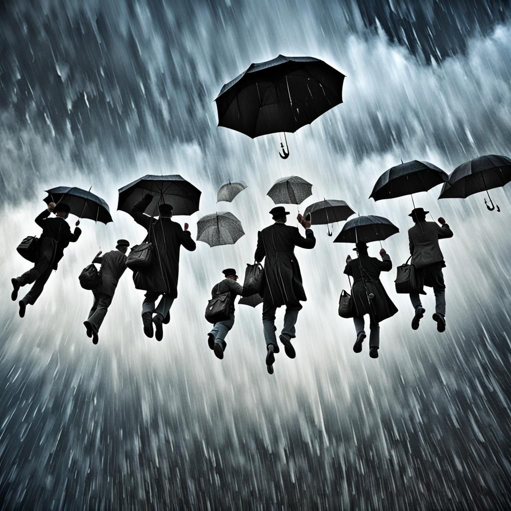 Hyperrealistic Raining Men Scene with Intricate Details