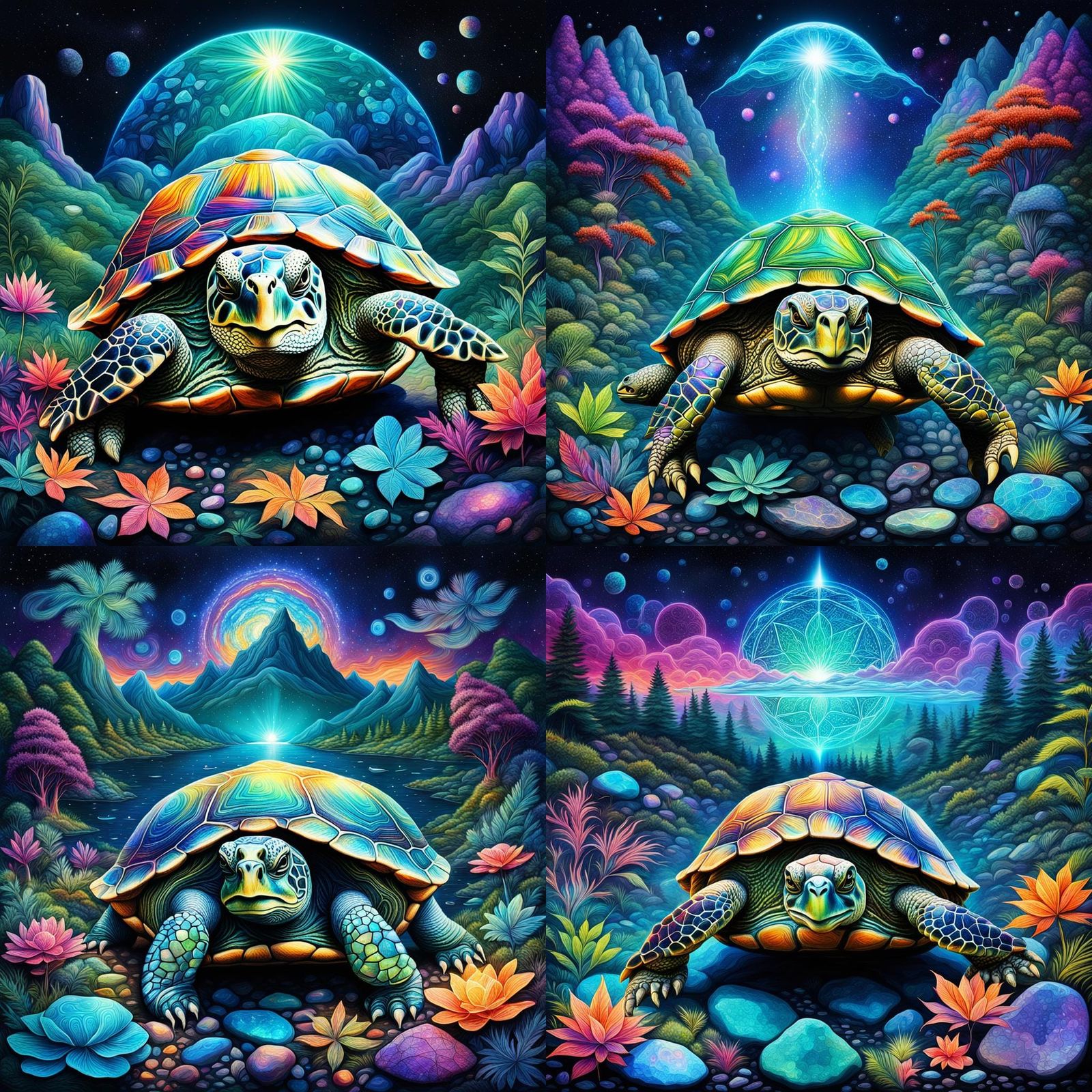 Marijuana Leaf Turtle in Cosmic Woodstock Style