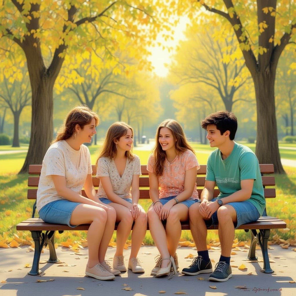 Elderly Couple and Teens Enjoying a Park Scene