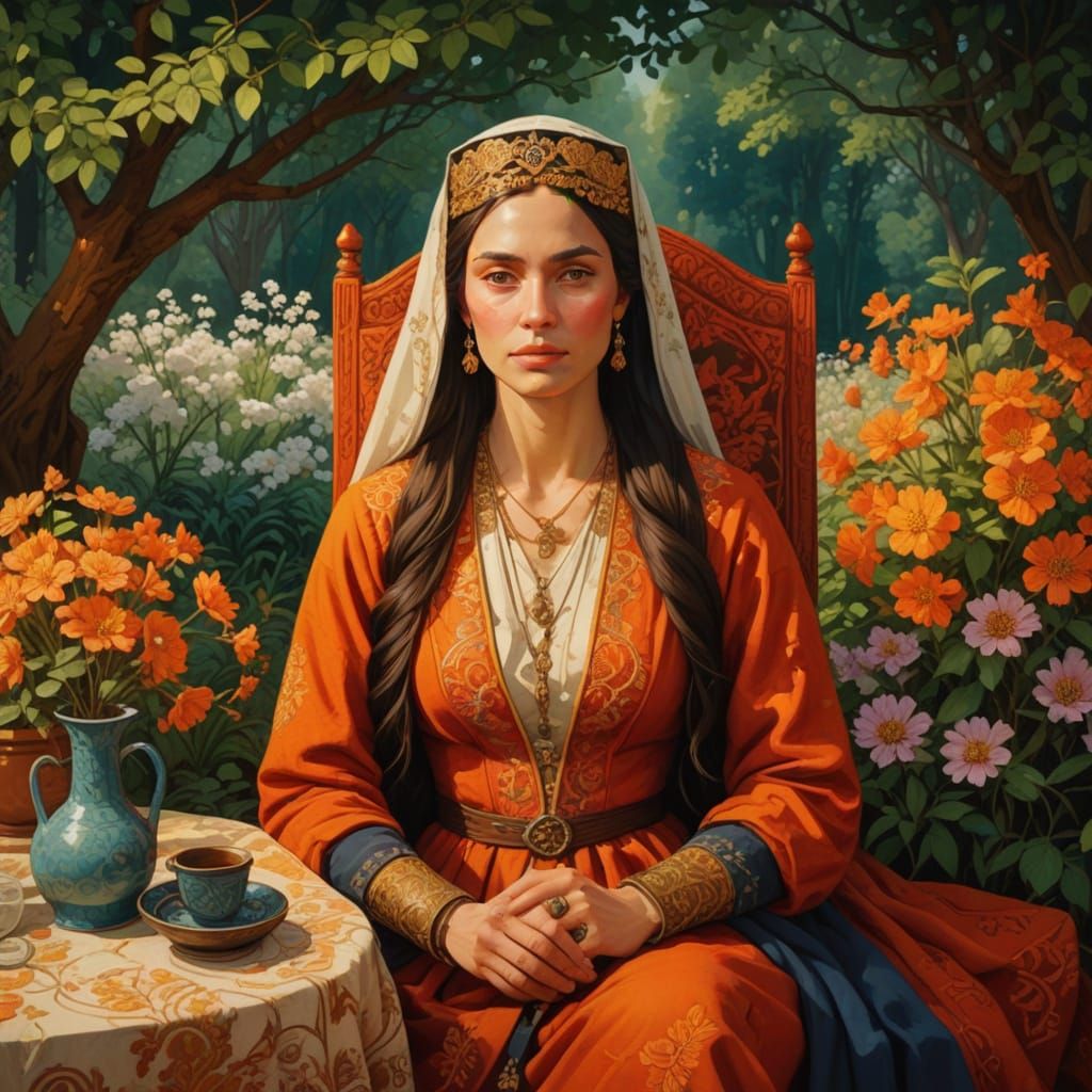 Traditional Georgian Woman in a Vibrant Garden