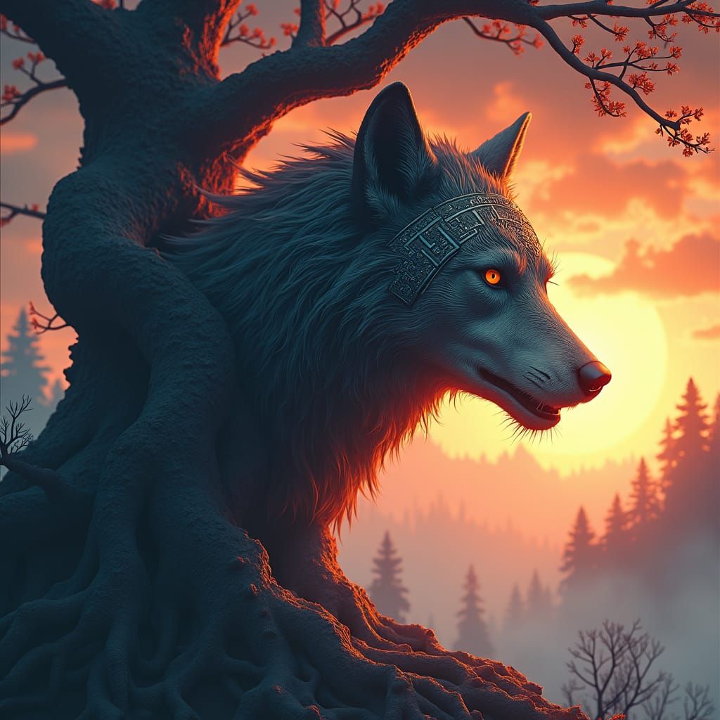 Viking Wolf Warrior Emerges from Yggdrasil