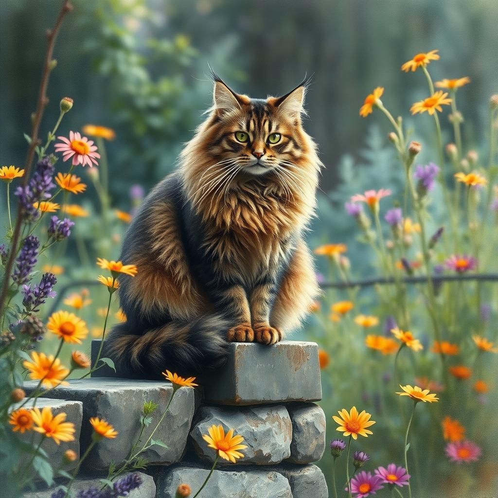 Maine Coon Cat in Fairy Tale Watercolour Garden