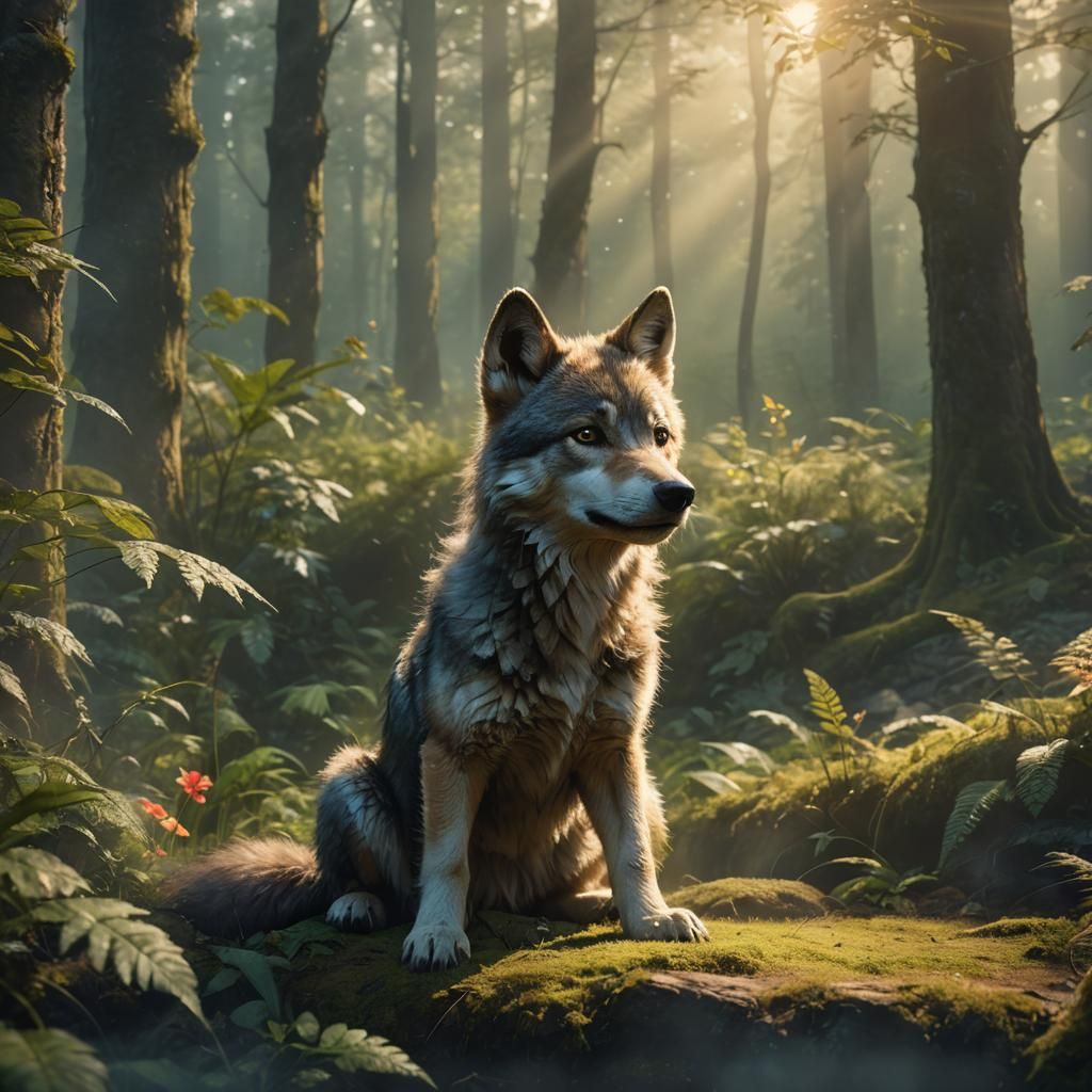 Adorable Baby Wolf in Lush Forest Clearing