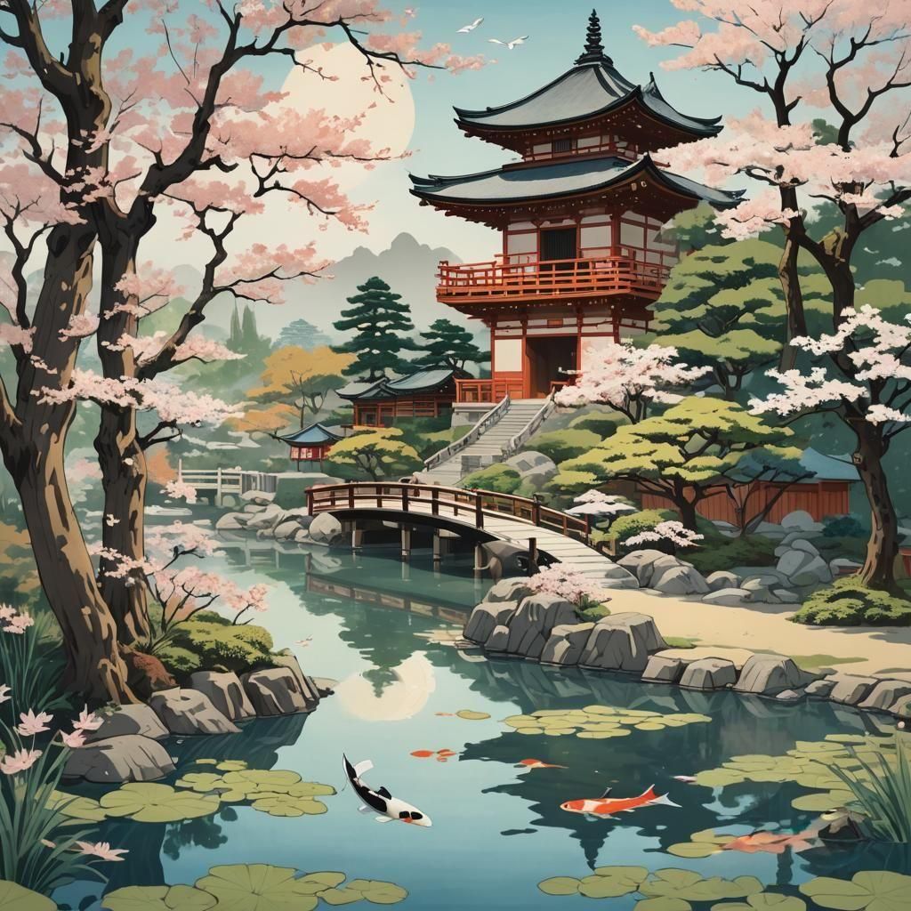 Japanese Temple in Ukiyo-e Style with Sunshine