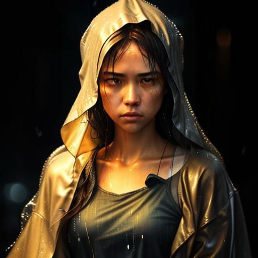 Melancholy Girl in Rainy Alley: Cinematic Film Still