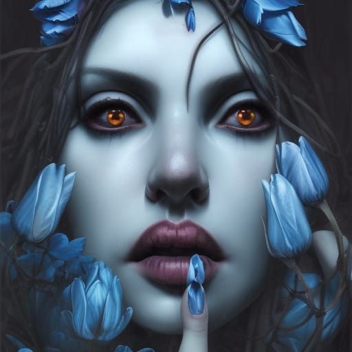 Ominous Gothic Bride with Blue Tulips
