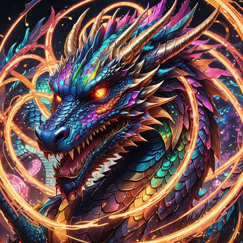 Vibrant Anime Dragon with Glowing Rings