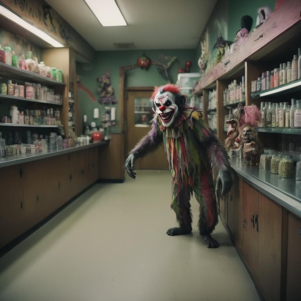 Zombie Monkey Clown Maniacal Grin: Cinematic Film Still