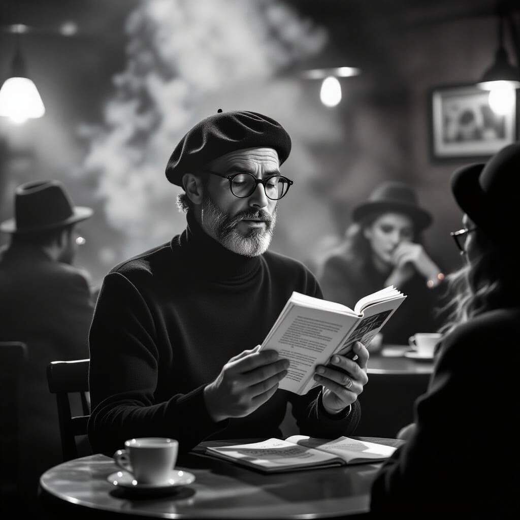 Beatnik Poet Reciting in Dimly Lit Coffeehouse