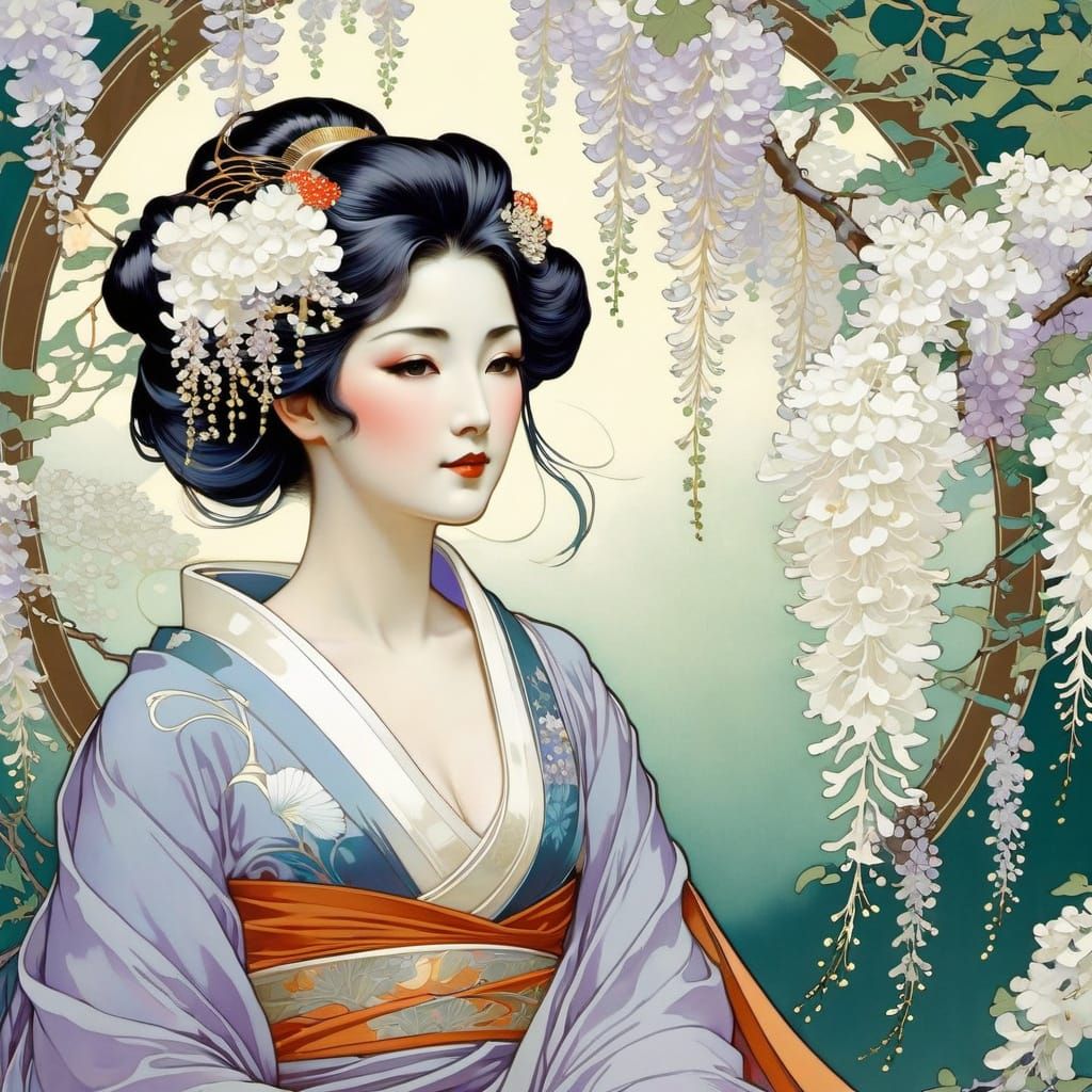 Geisha in Art Nouveau Poster with Wisteria