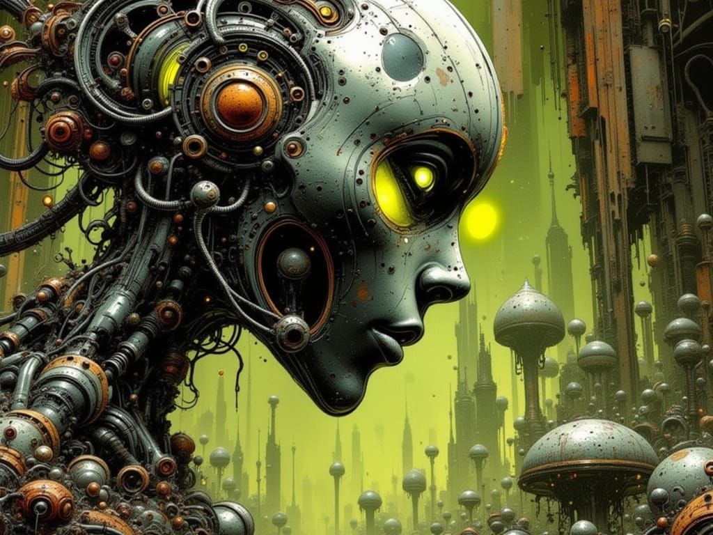 Sci-Fi Android Face in Ink-Wash Art Style