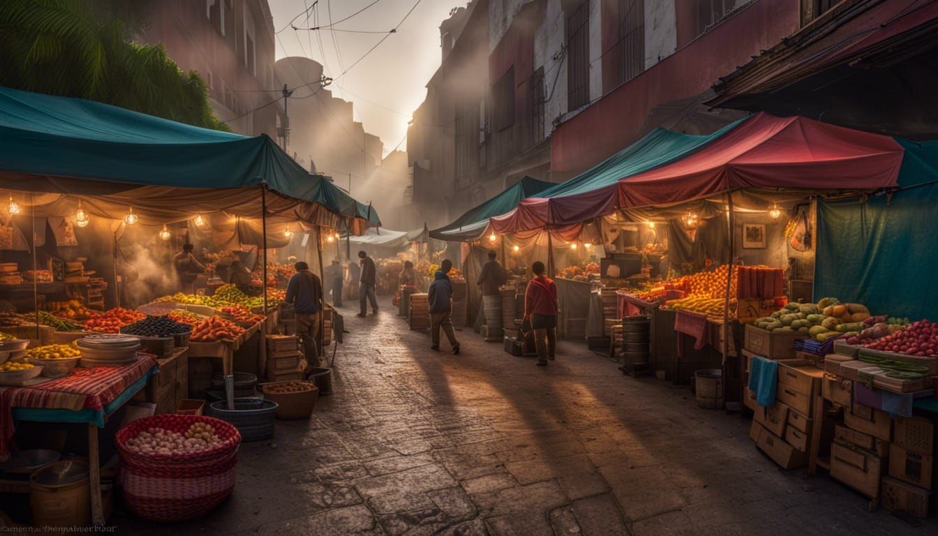 Colorful Mexican Market at Sunrise: Hyperdetailed Wide Angle