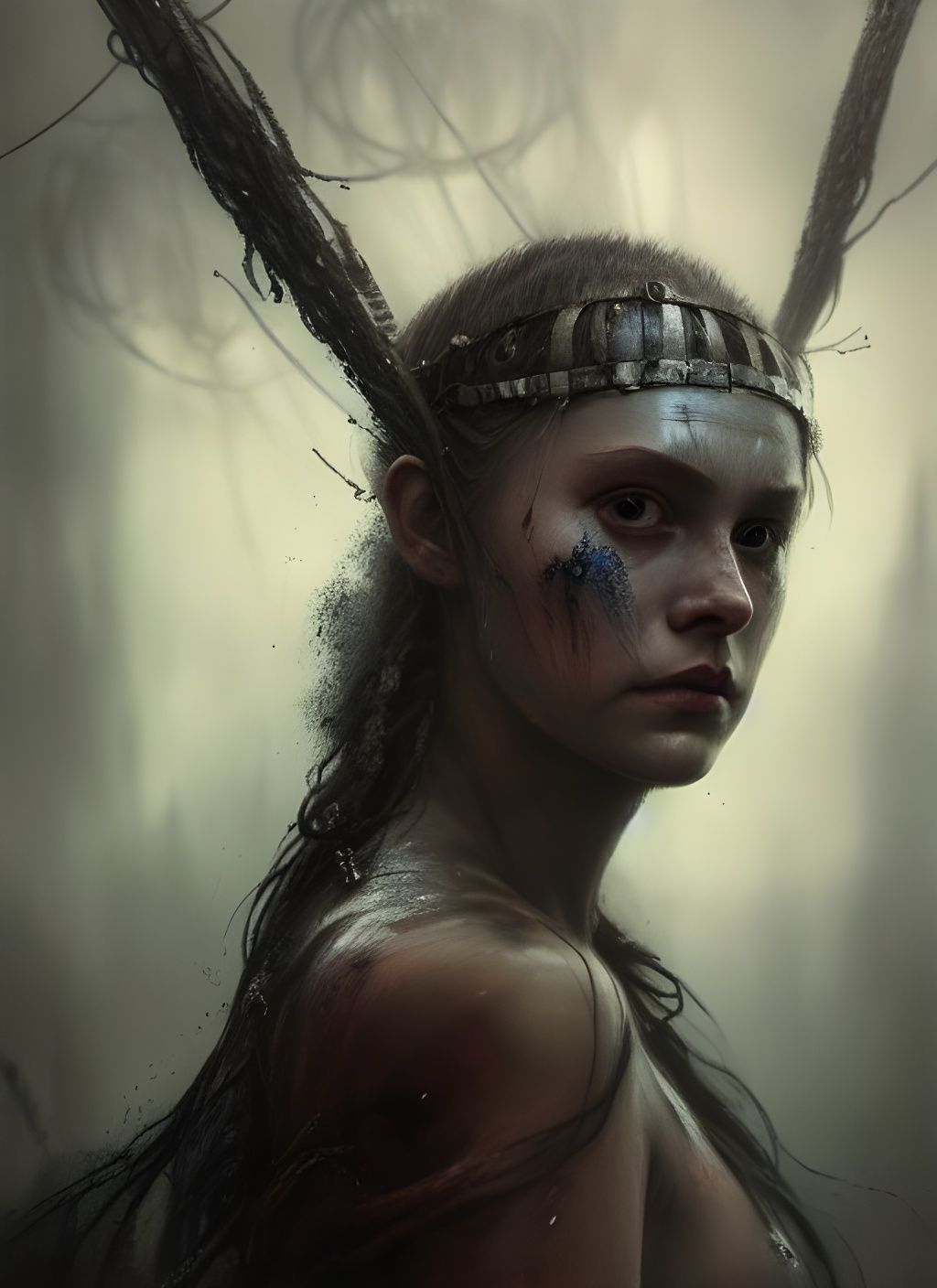 Senua Portrait: Tragic, Sinister, Photorealistic Concept Art