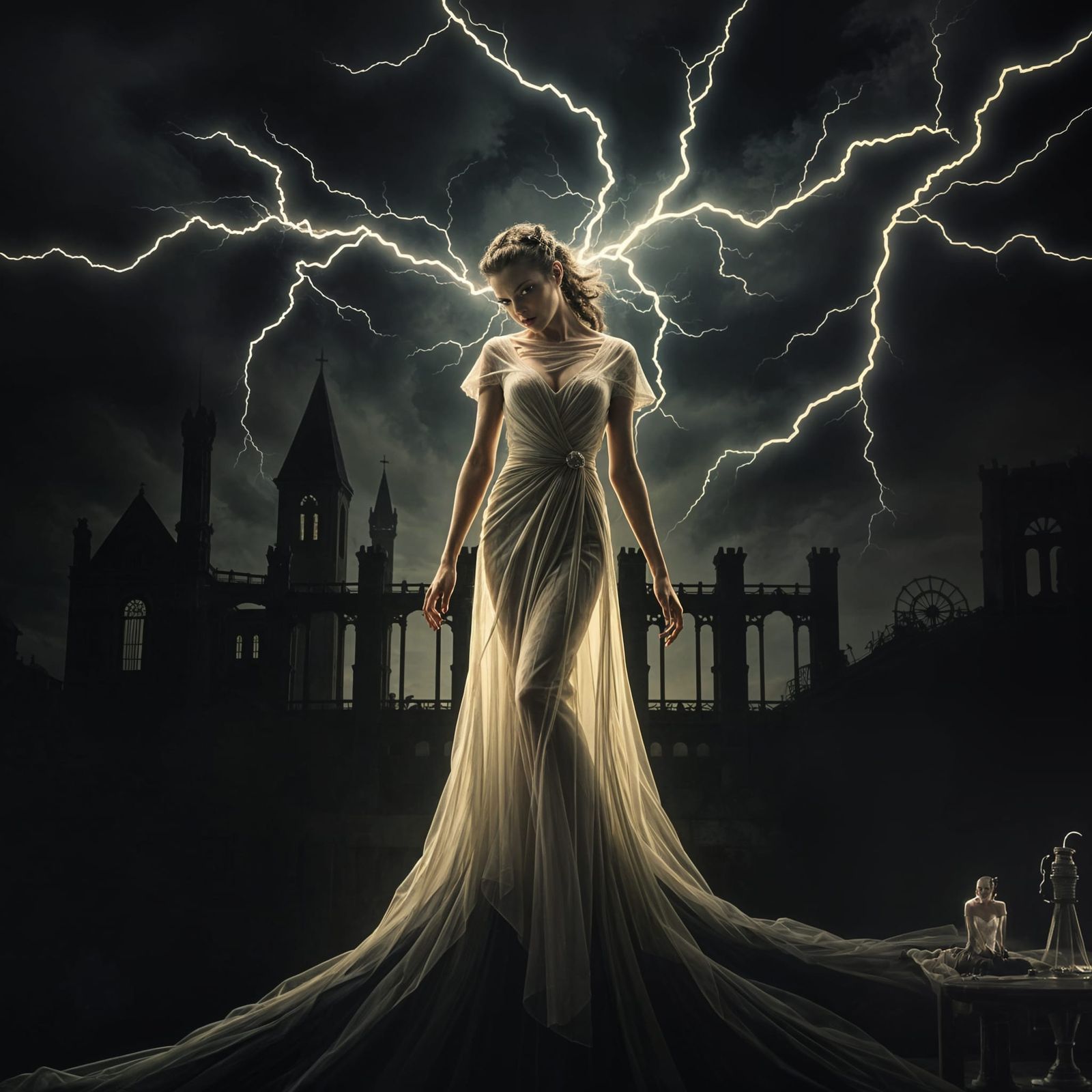 the bride of Frankenstein in the style of the 1935 movie, at night, storm clouds overhead, background of lightning