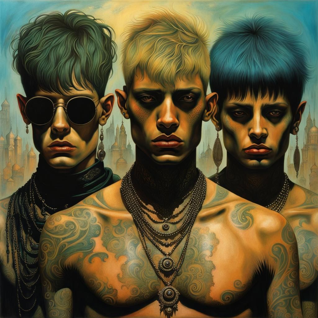 Three Boys with Tear Tattoos in Beksiński Style