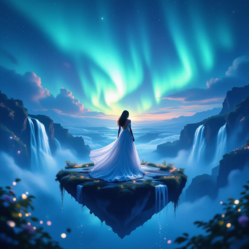 Ethereal Woman on Floating Island: Cinematic Still