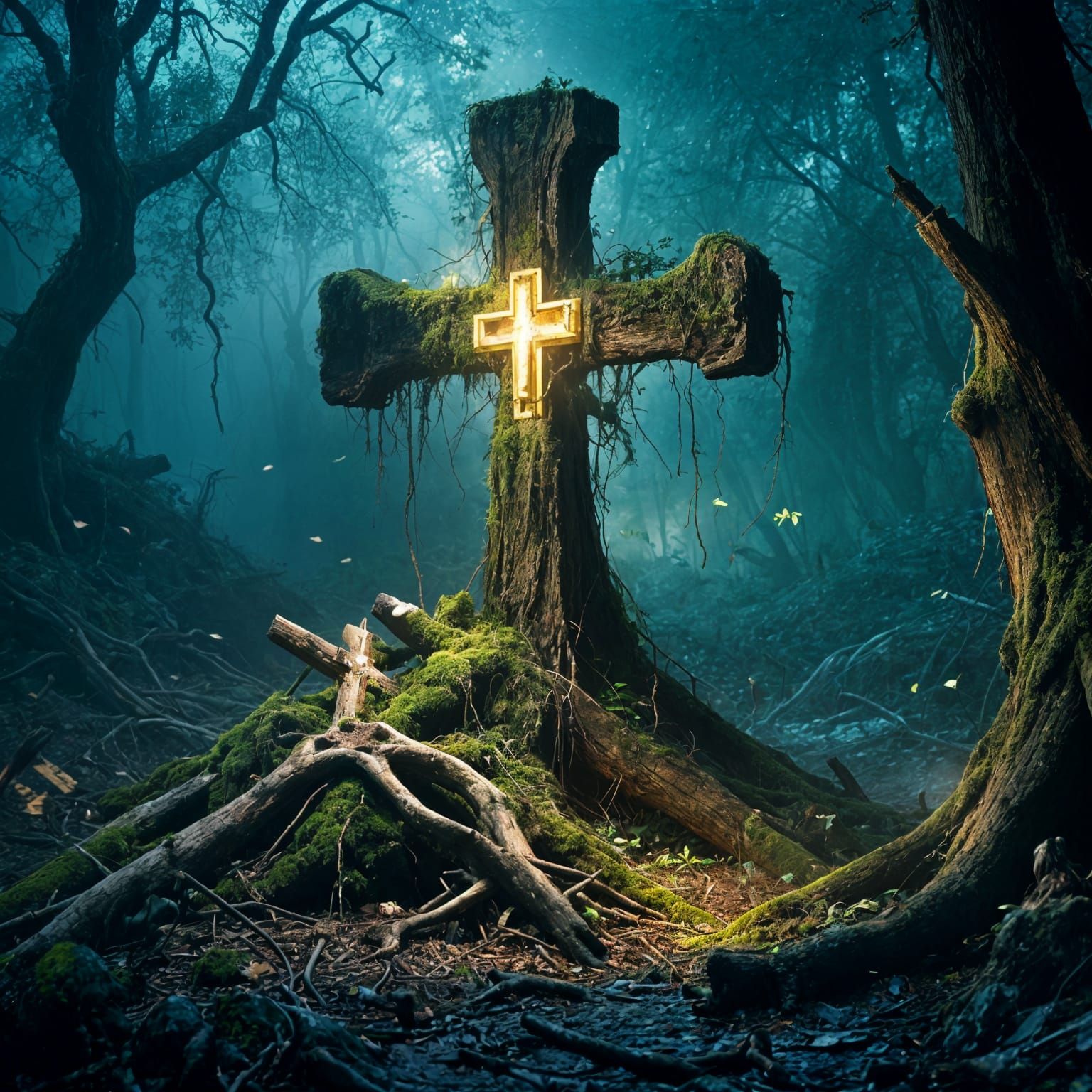 Moss-Covered Golden Cross in Ancient Tree Stump