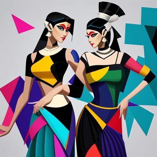 Cubist Ballet Couple in Sarees: Geometric Fauvism