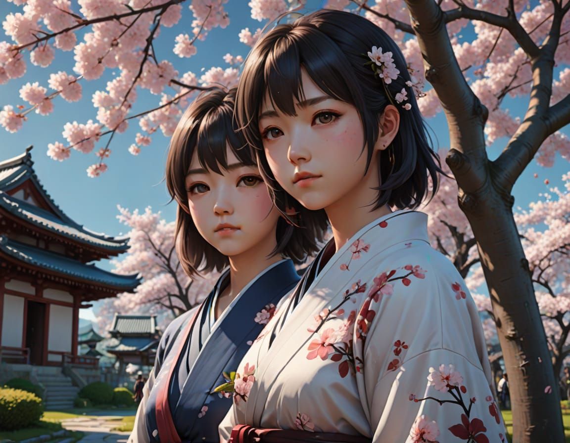 Two Friends Under a Cherry Tree: 3D Anime Art