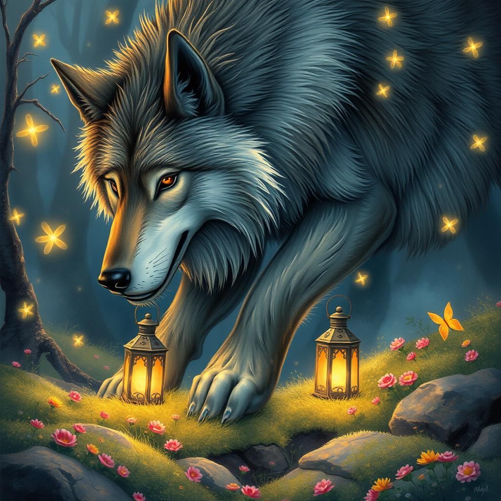 Giant hairy luscious wolf in a magical fairy garden