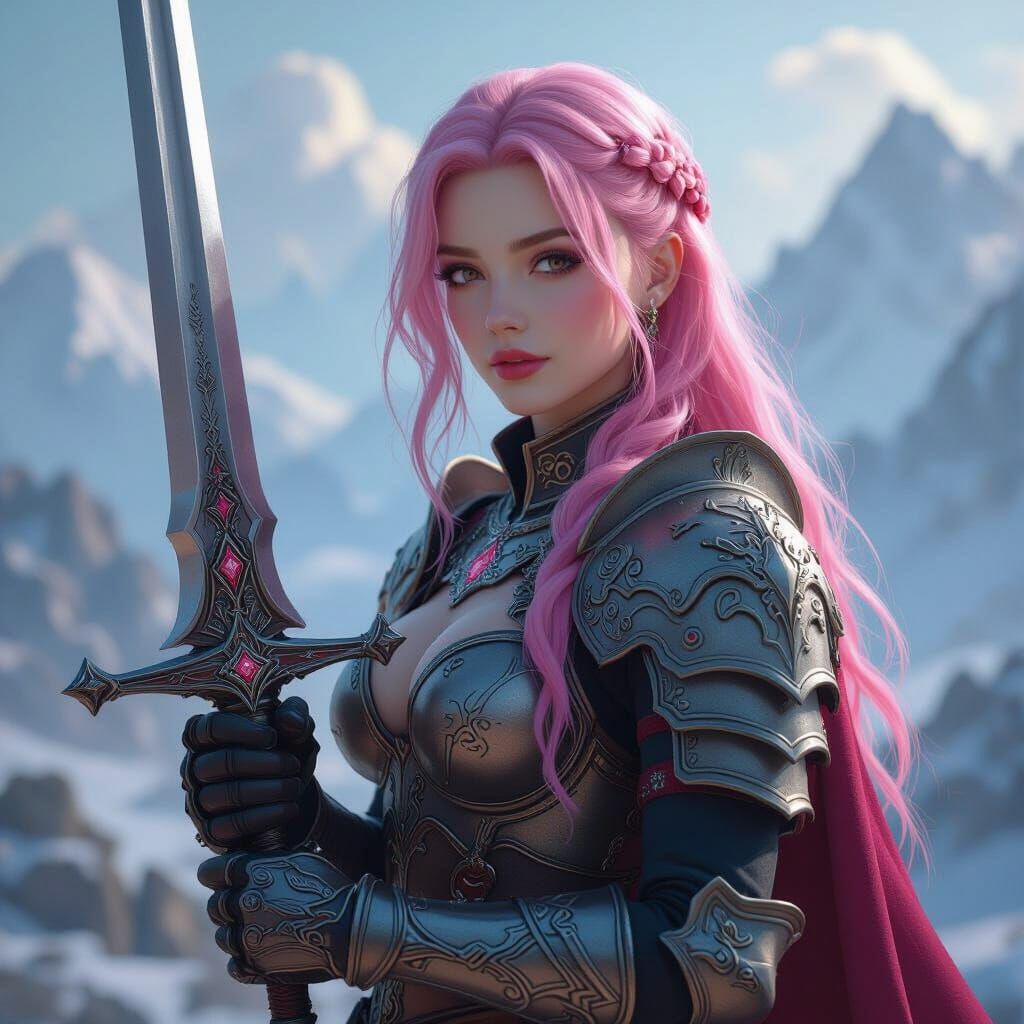 Pink-Haired Warrior with Frostmourne in Anime Style