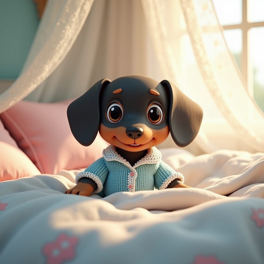 Dachshund Puppy in Blue Pajamas: 3D Anime Art