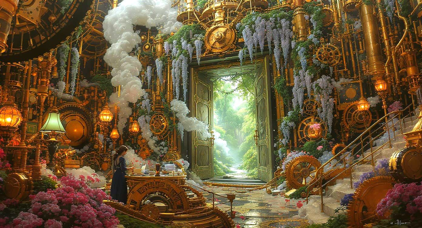 Steampunk Factory Scene with Forest, Textured Digital Art