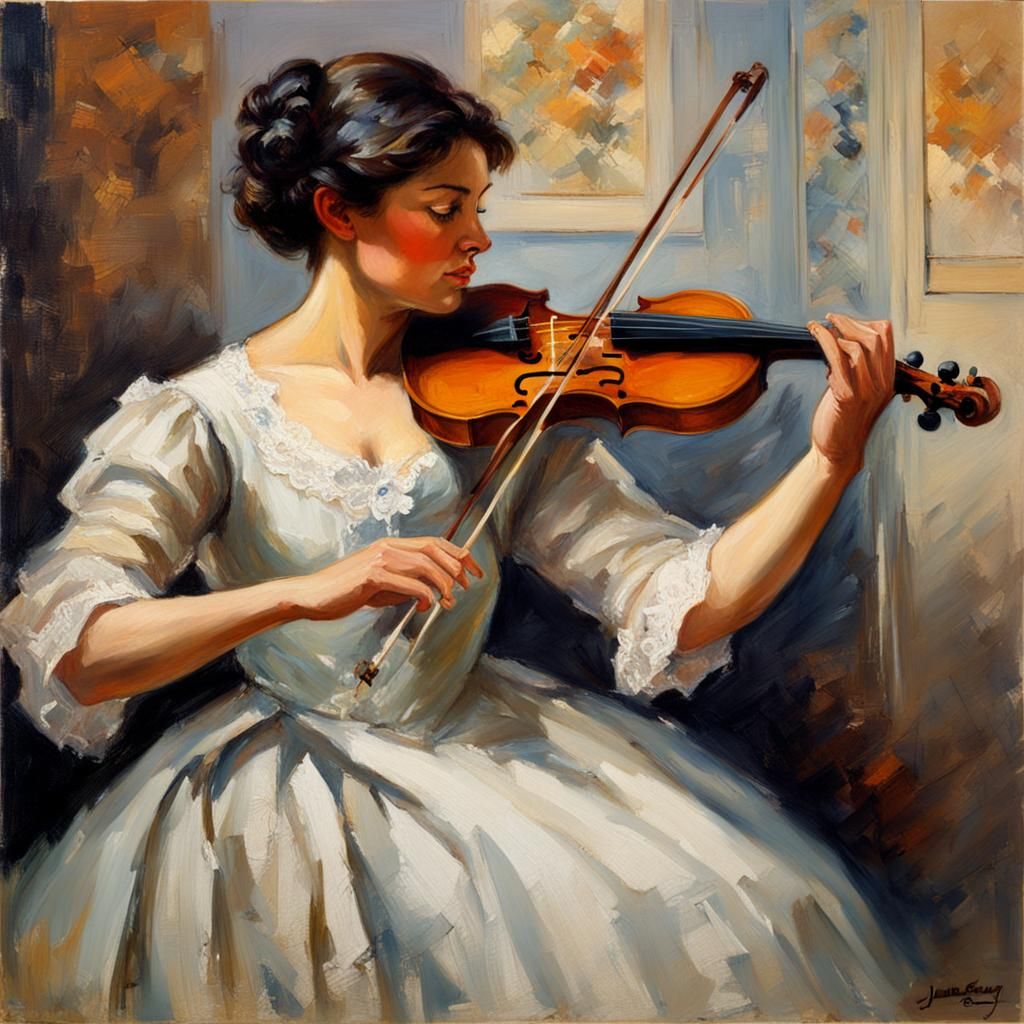Woman Playing Violin in Impressionistic Oil Painting