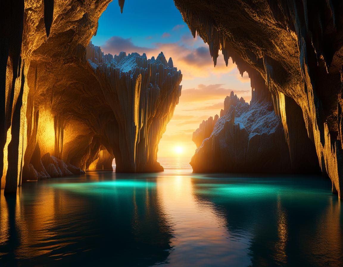 Luminous Golden Cavern with Crystal Formations