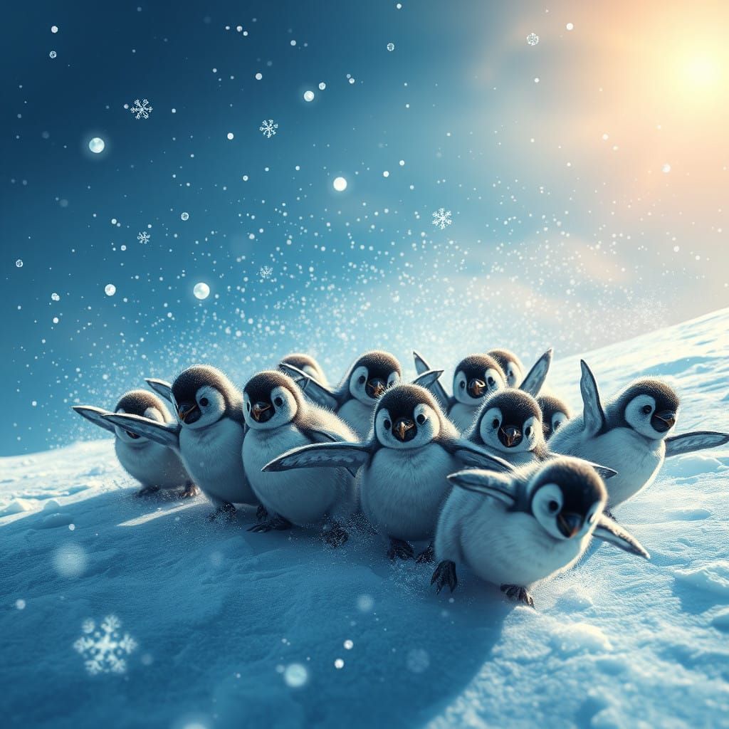 Playful Penguins Tumbling Down a Snowy Slope in Vibrant Colo...