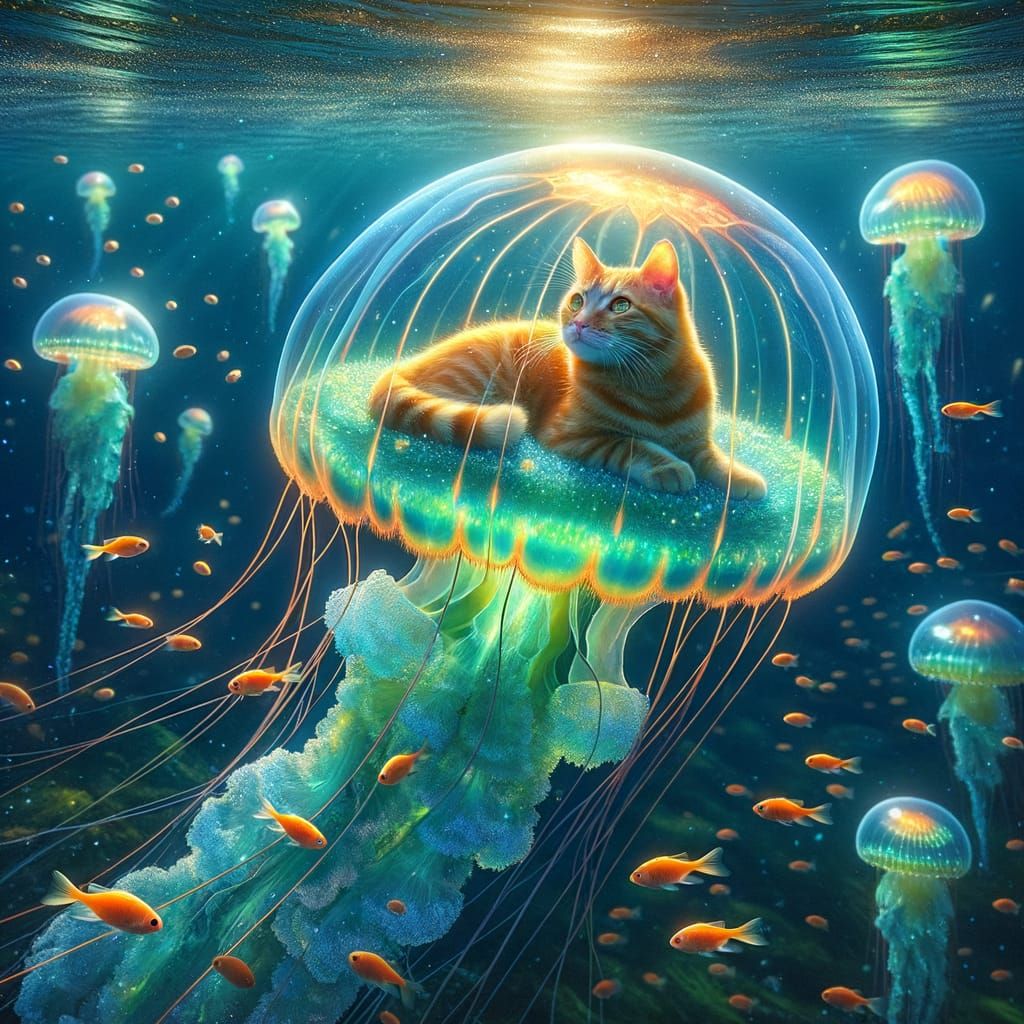 Tabby Cat's Underwater Journey in Glowing Jellyfish
