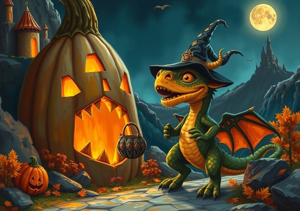 Pumpkin Castle Dragon in Autumn Landscape, Arthur Rackham St...