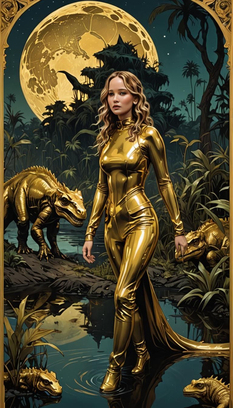 Jennifer Lawrence in Alphonse Mucha Style with Dinosaurs