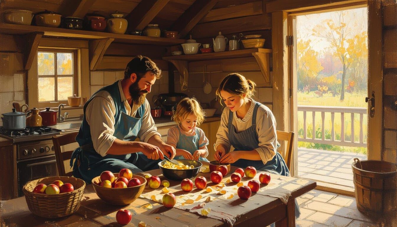 Cozy Family Apple Jam Scene in Impressionist Style