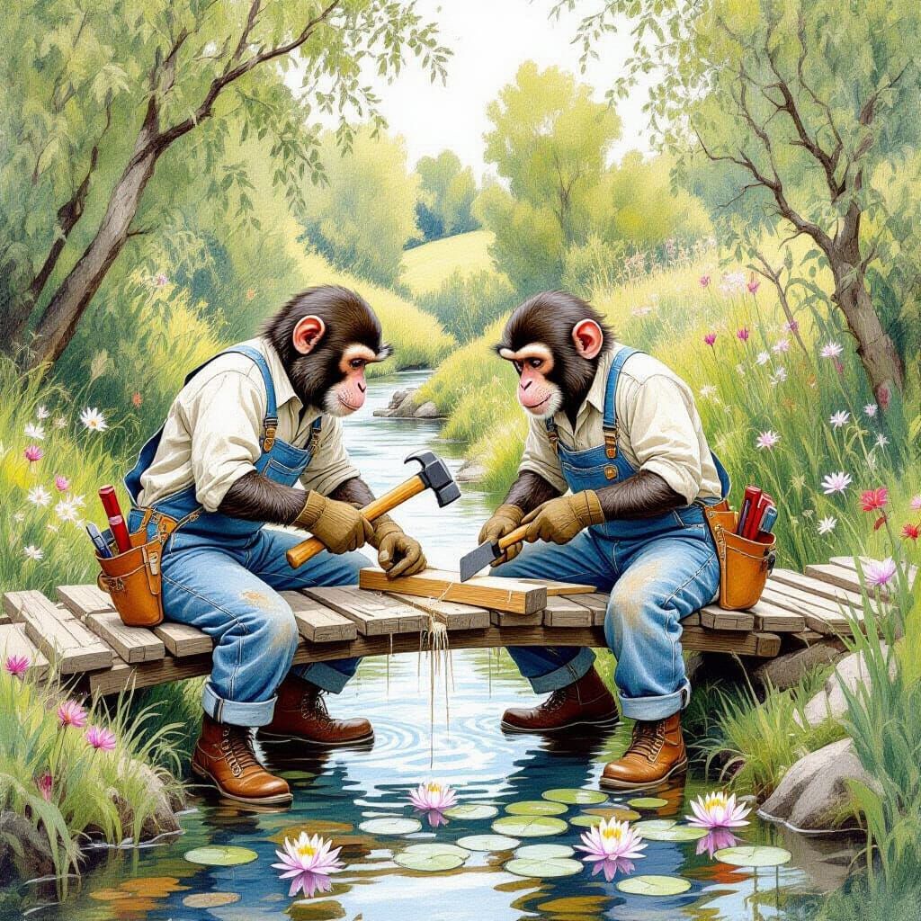 Monkeys Building Bridge in Impressionist Style
