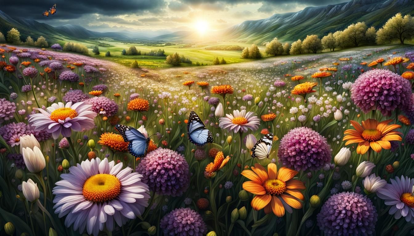 Spring Flowers and Butterflies in Hyperrealistic Valley