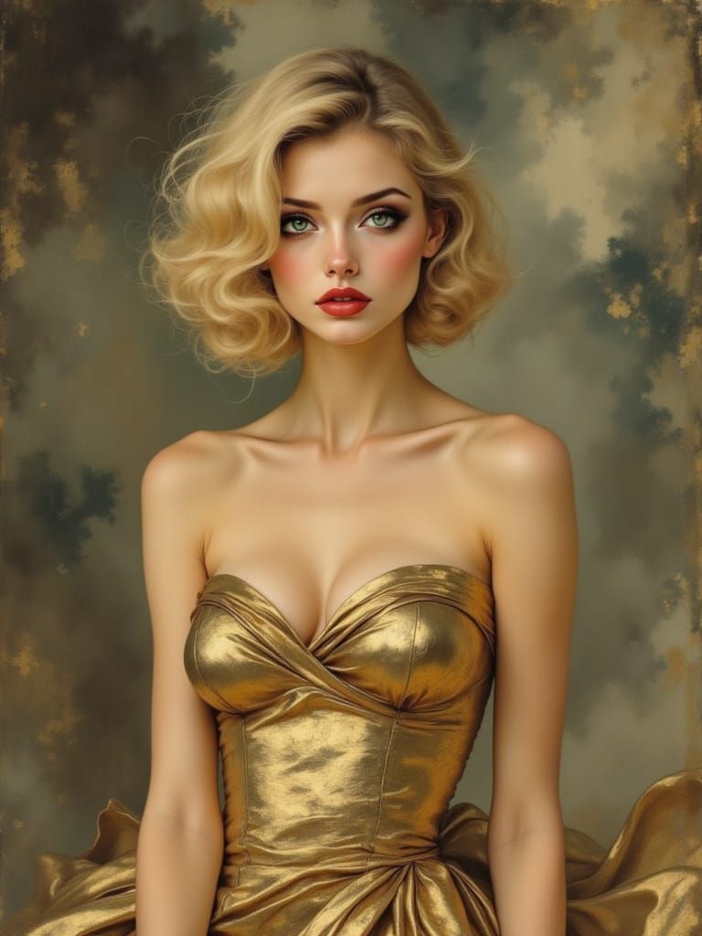 1950s Pin-Up in Gold Leaf Dress