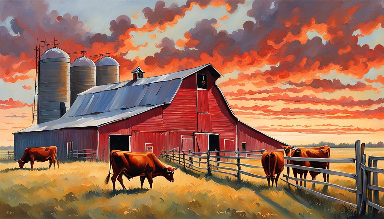 Jersey Cows at Barn: A Rob Moline-Style Painting
