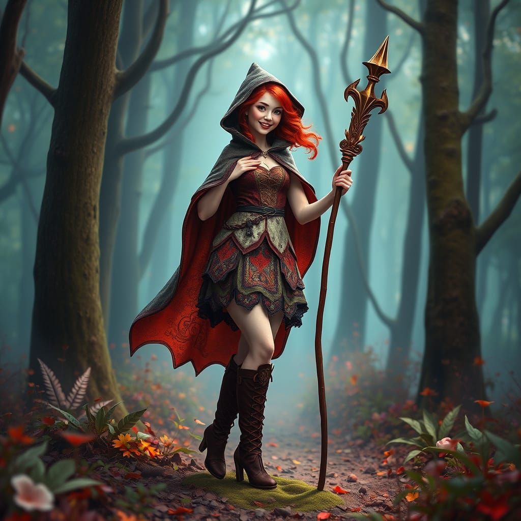 Fiery Sorceress Performing Magic in a Colorful Forest