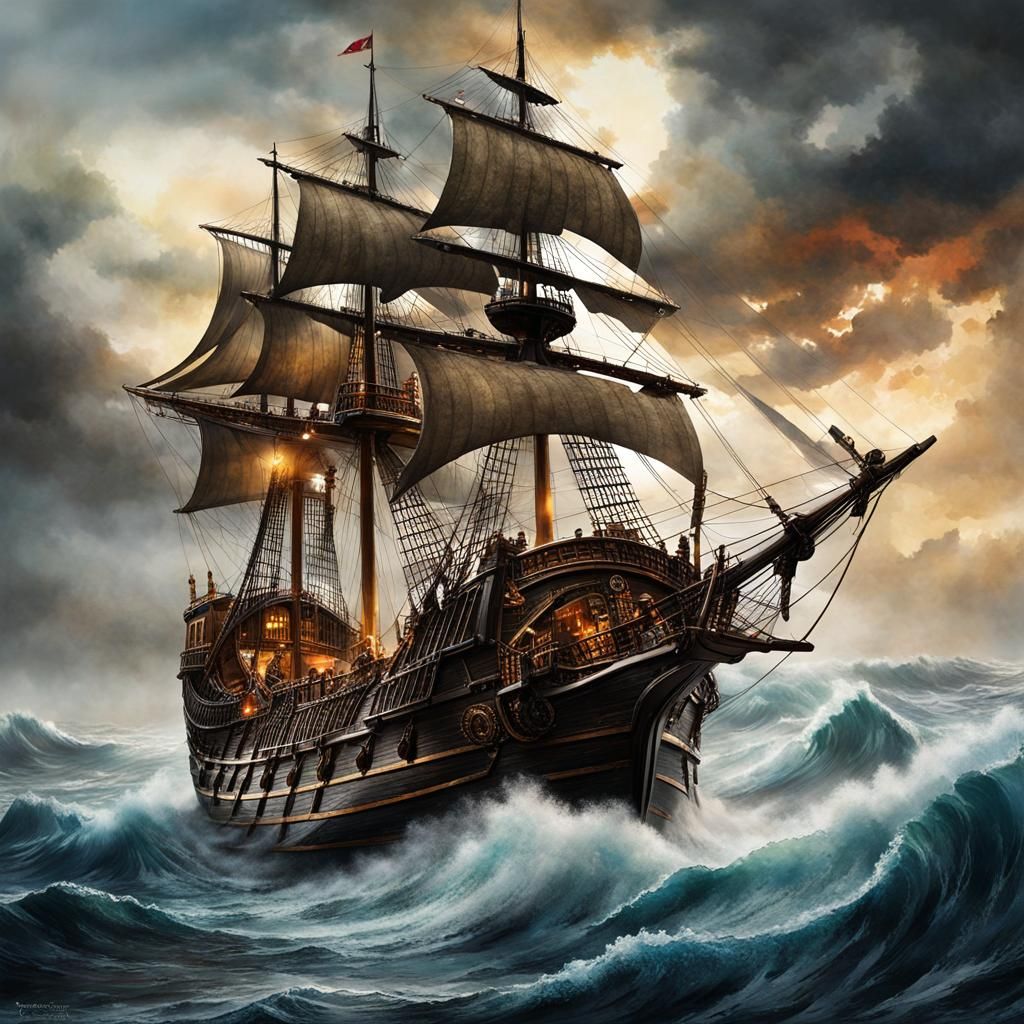 Pirate Ship Amidst Stormy Seas as Digital Painting