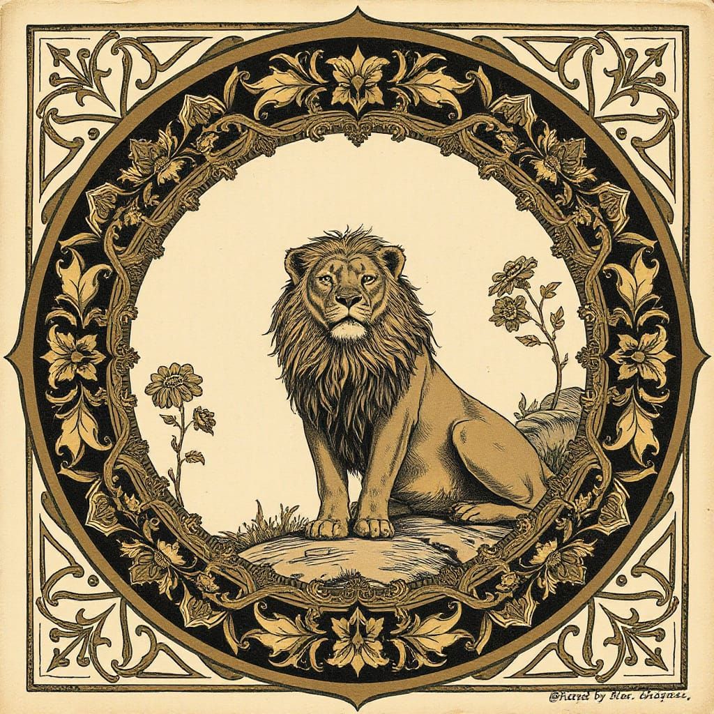 Arts and Crafts Lion Den Lithograph with Floral Motifs
