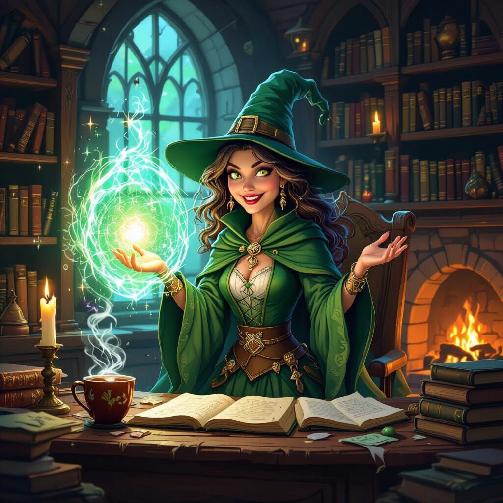 Whimsical Sorceress Conjures Portal in Cozy Study